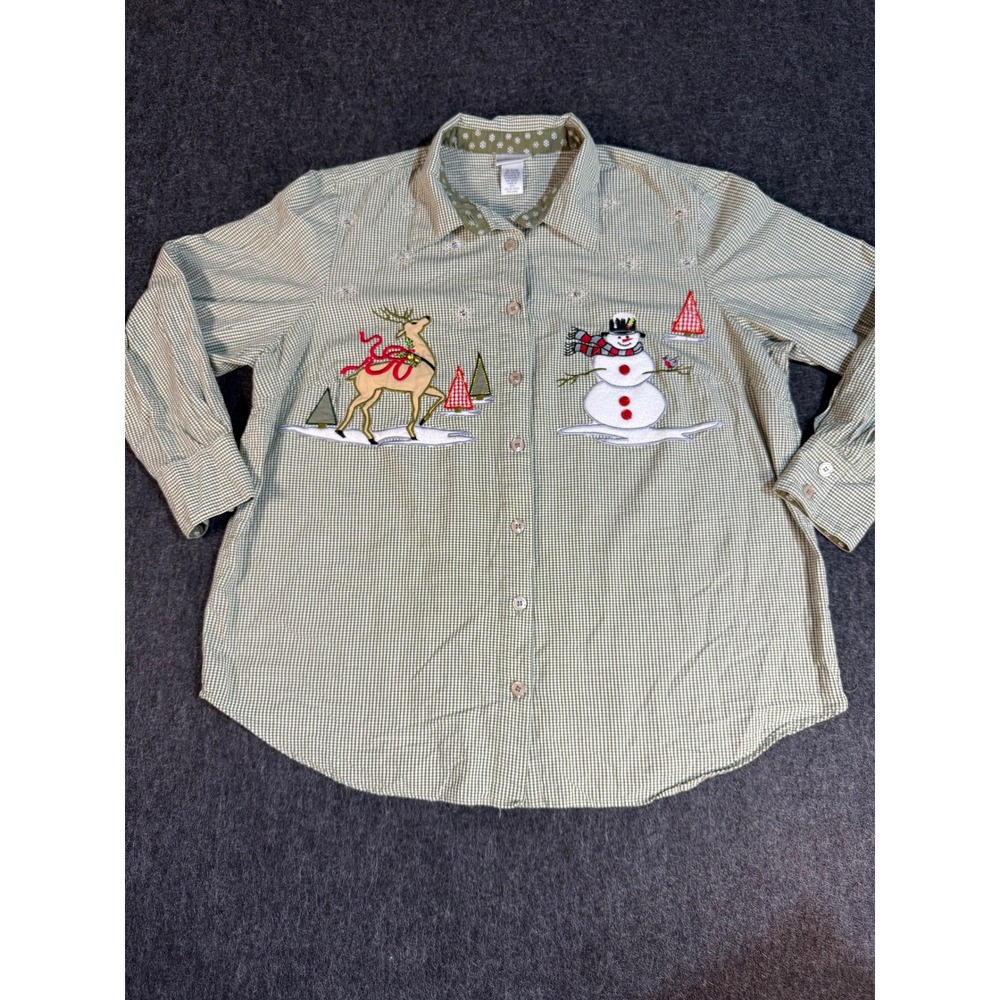 Fashion Bug Green Gingham Christmas Reindeer Snowman Embroidered Shirt 18/20W